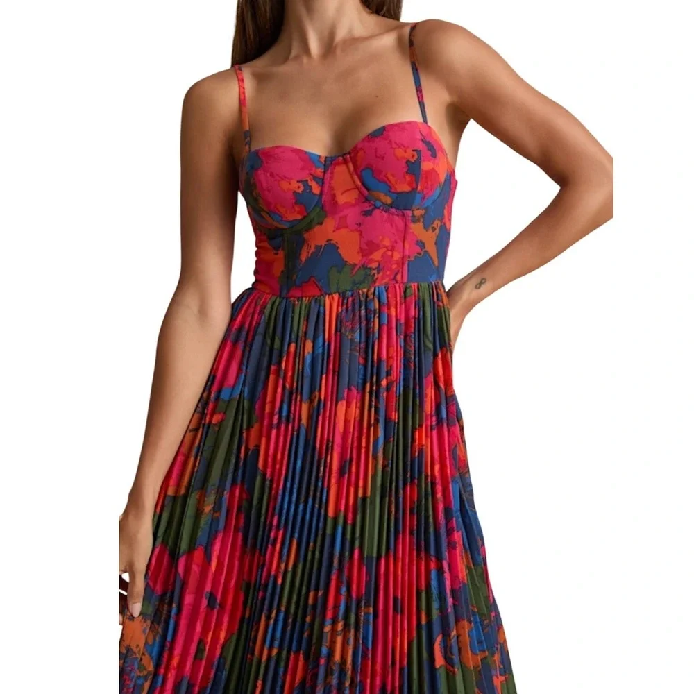 NWT Lulus Dorothy Dark Blue Pink Multi Floral Print Pleated Midi Dress S Bustier